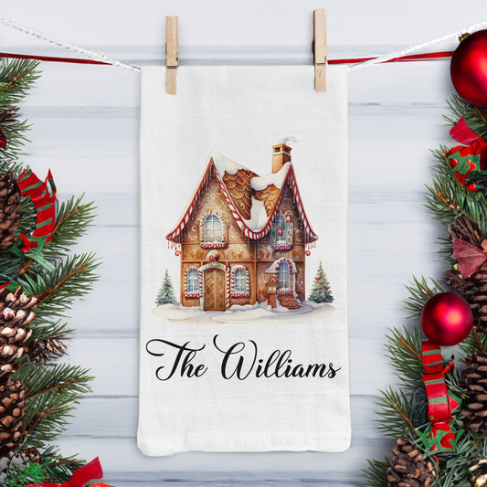 Personalized Gingerbread House Christmas Tree, Christmas Kitchen Tea Towel, Personalized Family Christmas Gift, Family Customized Gift
