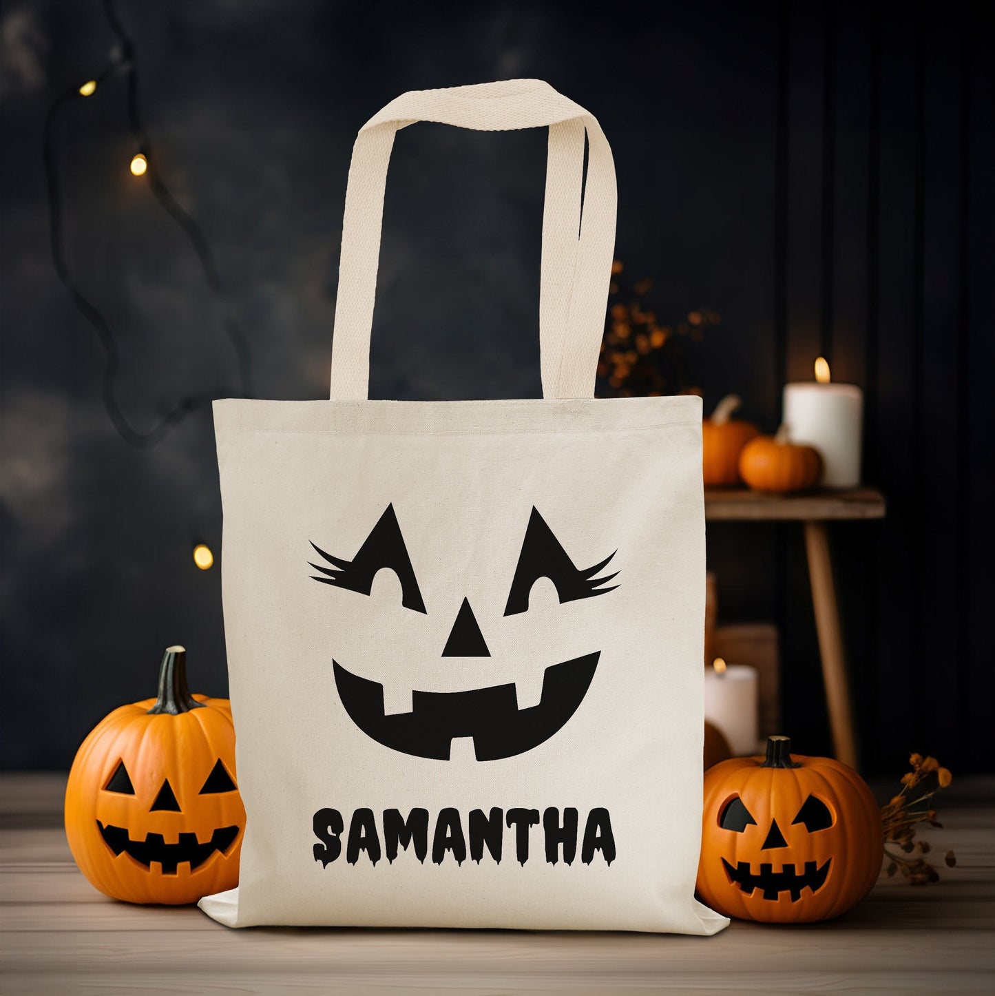 Personalized Jack O Lantern Pumpkin Face Halloween Tote Bag, Personalized Trick or Treat Bag, Halloween Kids Candy Bag with Name
