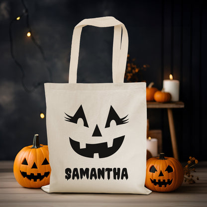 Personalized Jack O Lantern Pumpkin Face Halloween Tote Bag, Personalized Trick or Treat Bag, Halloween Kids Candy Bag with Name