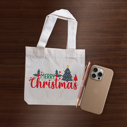 Personalized Mini Tote Bag, Customized Christmas Tote Bag, 7.5 x 8 inches, Natural Color, 7oz Cotton Canvas, Cute Mini Gift Tote Bag