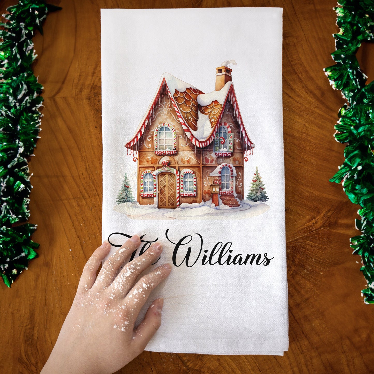 Personalized Gingerbread House Christmas Tree, Christmas Kitchen Tea Towel, Personalized Family Christmas Gift, Family Customized Gift
