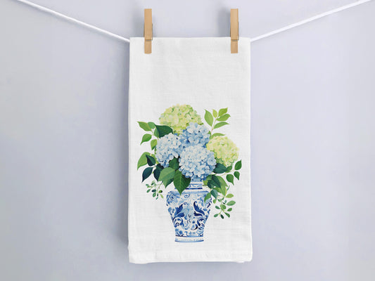 Blue Ginger Jar Kitchen Towel with Flowers - Chinoiserie Hydrangea Tea Towel - Kitchen Decor Gift