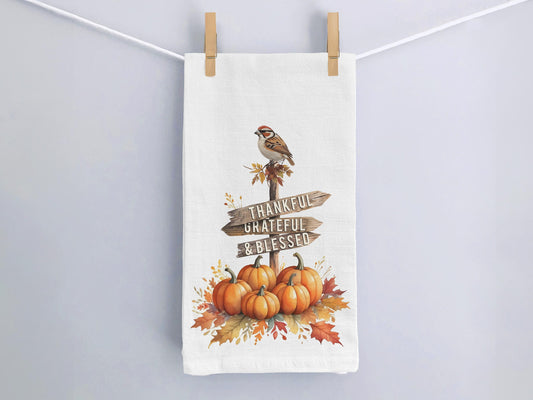 Fall Decor Thankful Grateful Blessed Kitchen Towel - Autumn Pumpkins and Sparrow Decor, Flour Sack Cotton Hand Tea Towel