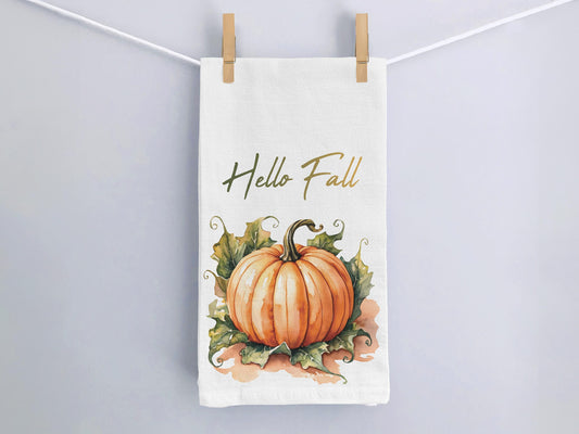 Hello Fall Kitchen Towel - Pumpkin and Autumn Leaves Decor, Flour Sack Cotton Hand Tea Towel