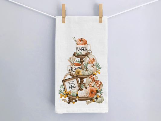 Hello Fall Pumpkin and Mug Tiered Tray Fall Tea Towel - Organic Cotton Flour Sack Tea Towel