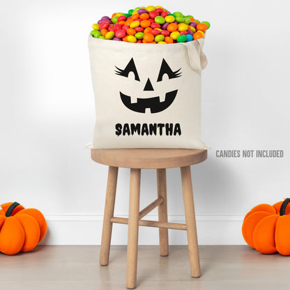 Personalized Jack O Lantern Pumpkin Face Halloween Tote Bag, Personalized Trick or Treat Bag, Halloween Kids Candy Bag with Name