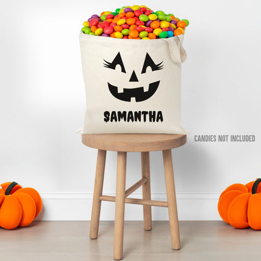 Personalized Jack O Lantern Pumpkin Face Halloween Tote Bag, Personalized Trick or Treat Bag, Halloween Kids Candy Bag with Name