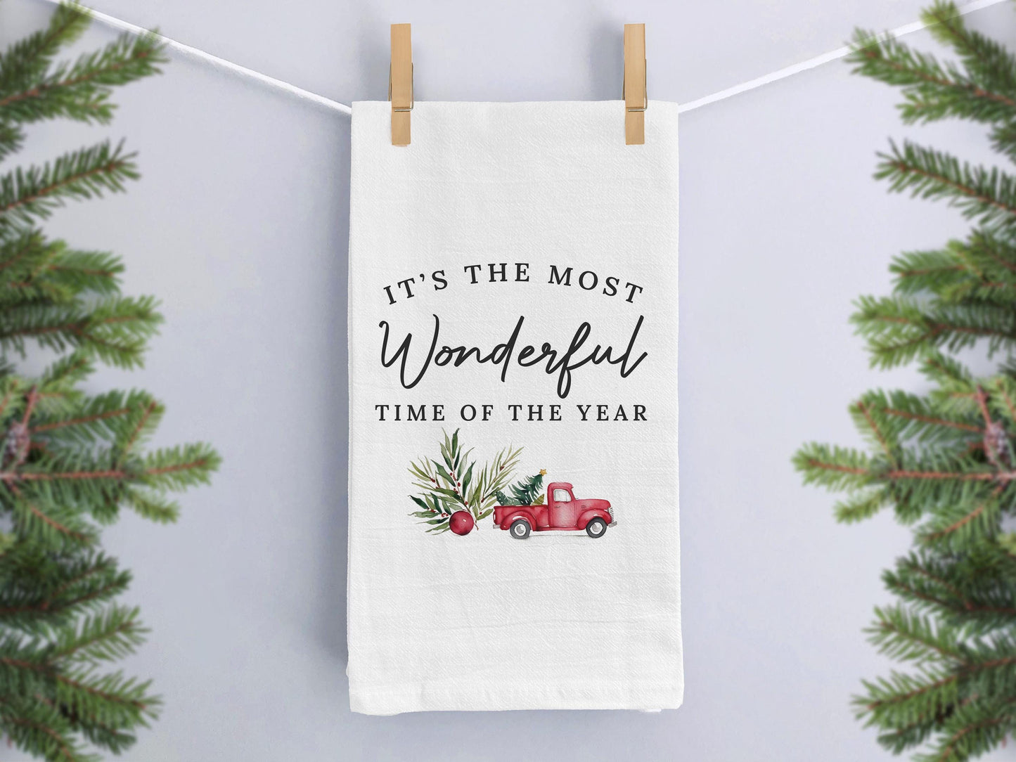 Christmas Kitchen Towel - It's the Most Wonderful Time of the Year, Red Truck Decor, Farmhouse Gift - Organic Cotton Tea Towel