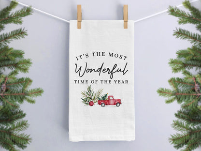 Christmas Kitchen Towel - It's the Most Wonderful Time of the Year, Red Truck Decor, Farmhouse Gift - Organic Cotton Tea Towel