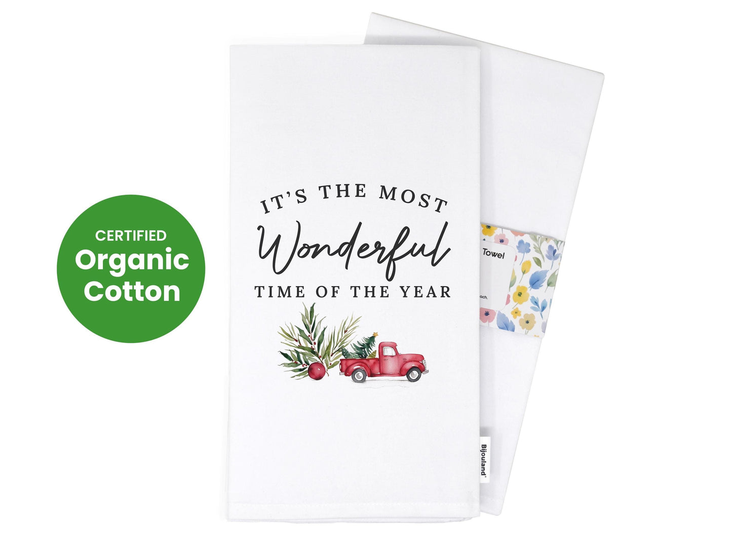 Christmas Kitchen Towel - It's the Most Wonderful Time of the Year, Red Truck Decor, Farmhouse Gift - Organic Cotton Tea Towel