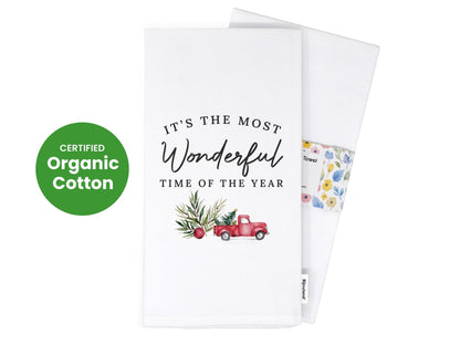 Christmas Kitchen Towel - It's the Most Wonderful Time of the Year, Red Truck Decor, Farmhouse Gift - Organic Cotton Tea Towel