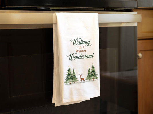 Christmas Kitchen Towel Walking in a Winter Wonderland, Holiday Deer Decor, Farmhouse Gift - Organic Cotton Tea Towel