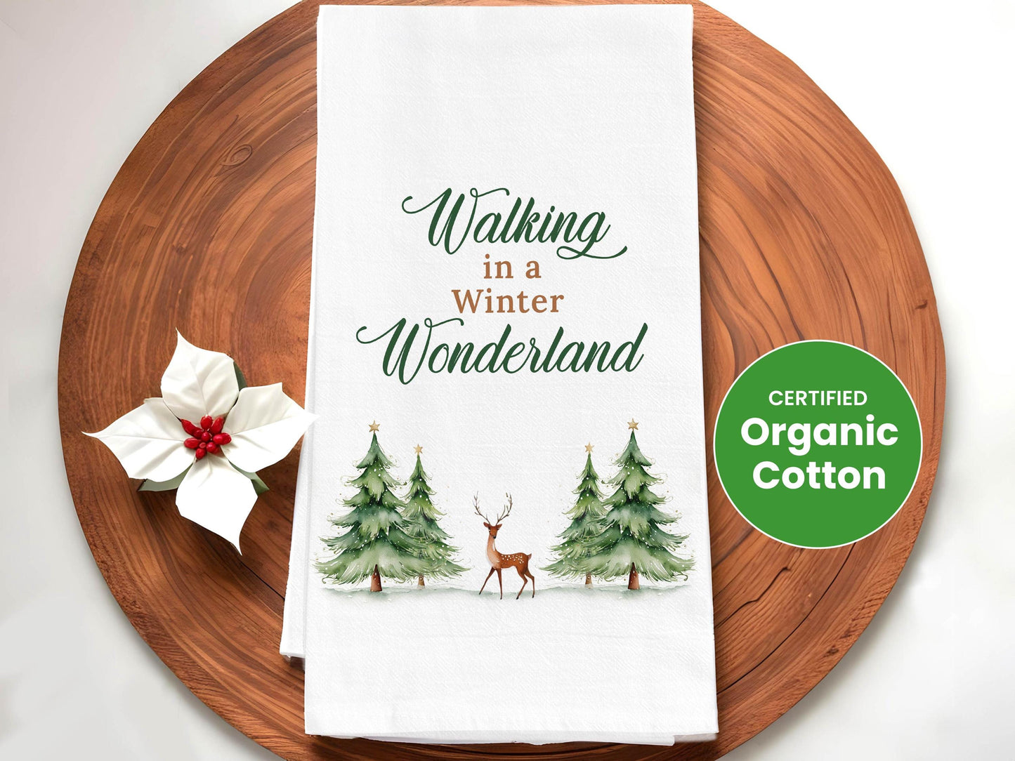 Christmas Kitchen Towel Walking in a Winter Wonderland, Holiday Deer Decor, Farmhouse Gift - Organic Cotton Tea Towel
