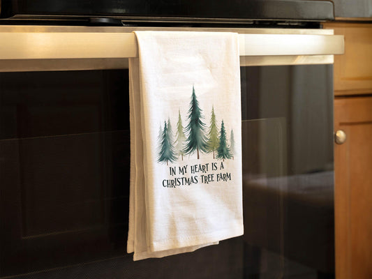Christmas Kitchen Towel Christmas Tree Farm, Rustic Evergreen Decor, Farmhouse Holiday Gift - Organic Cotton Tea Towel