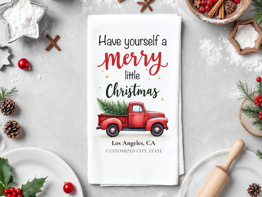 Custom Christmas Kitchen Towel Merry Little Christmas, Red Truck Holiday Decor, Personalized Gift - Flour Sack Organic Cotton