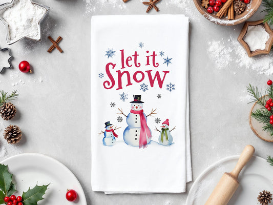 Christmas Kitchen Towel Let it Snow, Snowman Holiday Gift Towel, Family Christmas Gift, Hostess Gift, Secret Santa Gift - Organic Cotton