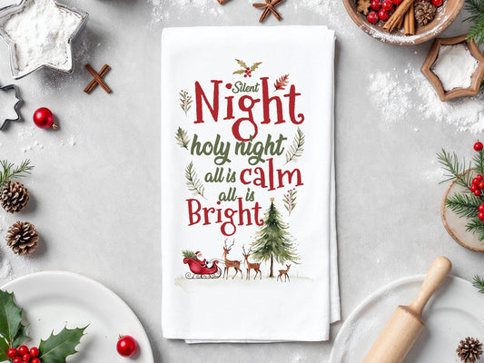 Christmas Kitchen Towel Silent Night, Holy Night, All is Bright, Holiday Decor, Farmhouse Gift Towel, Family Christmas Gift - Organic Cotton