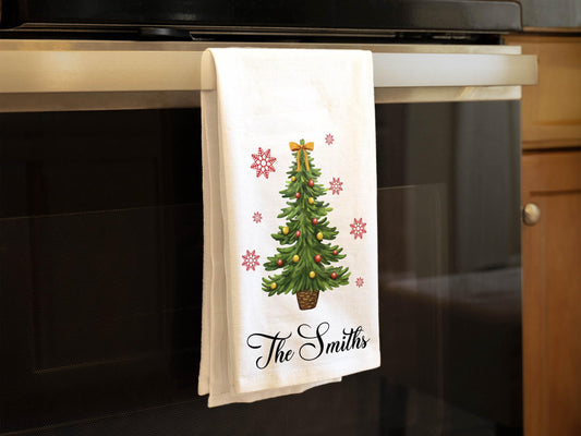 Personalized Christmas Kitchen Towel,Custom Family Name Holiday Tree Decor, Festive Host Gift, Family Christmas Gift - Organic Cotton