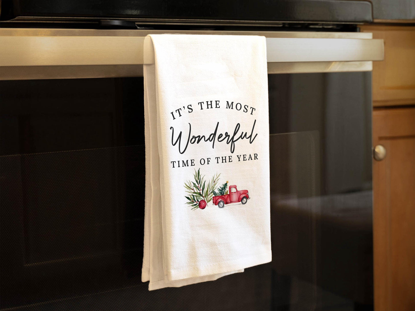 Christmas Kitchen Towel - It's the Most Wonderful Time of the Year, Red Truck Decor, Farmhouse Gift - Organic Cotton Tea Towel