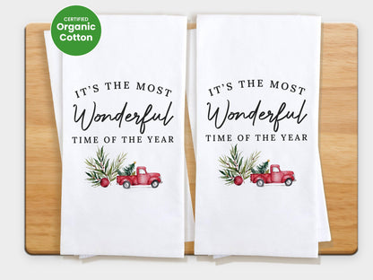 Christmas Kitchen Towel - It's the Most Wonderful Time of the Year, Red Truck Decor, Farmhouse Gift - Organic Cotton Tea Towel