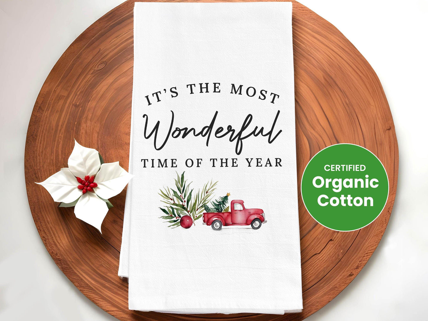 Christmas Kitchen Towel - It's the Most Wonderful Time of the Year, Red Truck Decor, Farmhouse Gift - Organic Cotton Tea Towel