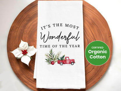 Christmas Kitchen Towel - It's the Most Wonderful Time of the Year, Red Truck Decor, Farmhouse Gift - Organic Cotton Tea Towel