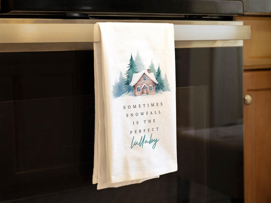 Christmas Kitchen Towel Snowfall Lullaby, Rustic Cabin Winter Decor, Farmhouse Holiday Gift - Organic Cotton Tea Towel