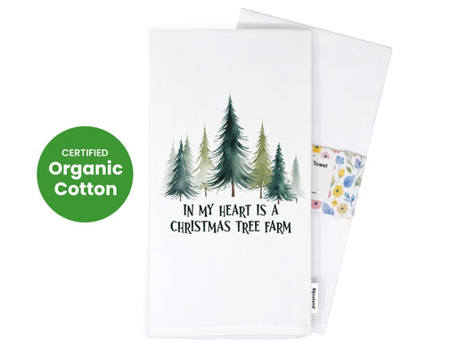 Christmas Kitchen Towel Christmas Tree Farm, Rustic Evergreen Decor, Farmhouse Holiday Gift - Organic Cotton Tea Towel
