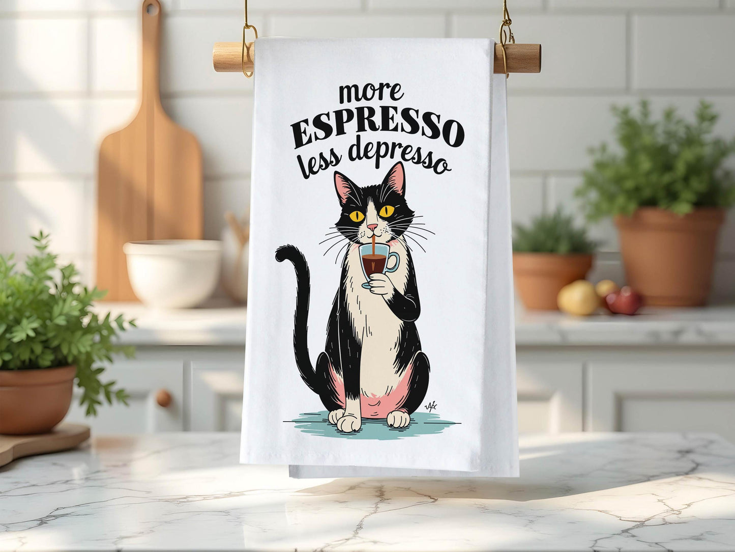 More Espresso Less Depresso, Funny Cat Kitchen Towel, Coffee Lover Gift, Cute Kitchen Decor