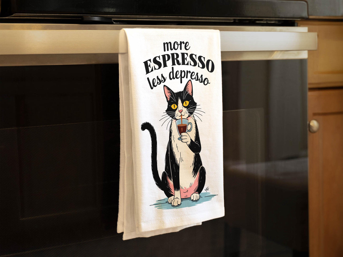 More Espresso Less Depresso, Funny Cat Kitchen Towel, Coffee Lover Gift, Cute Kitchen Decor