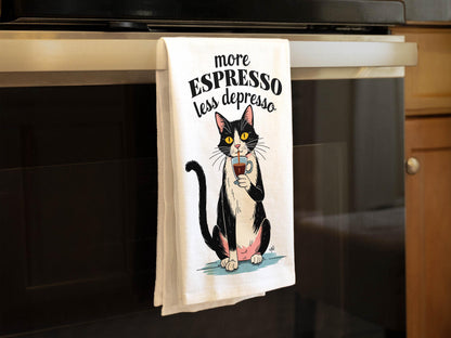 More Espresso Less Depresso, Funny Cat Kitchen Towel, Coffee Lover Gift, Cute Kitchen Decor