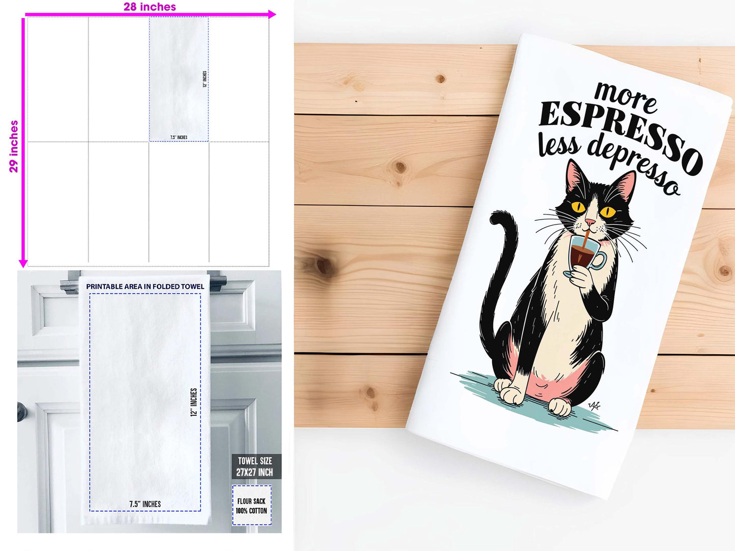 More Espresso Less Depresso, Funny Cat Kitchen Towel, Coffee Lover Gift, Cute Kitchen Decor