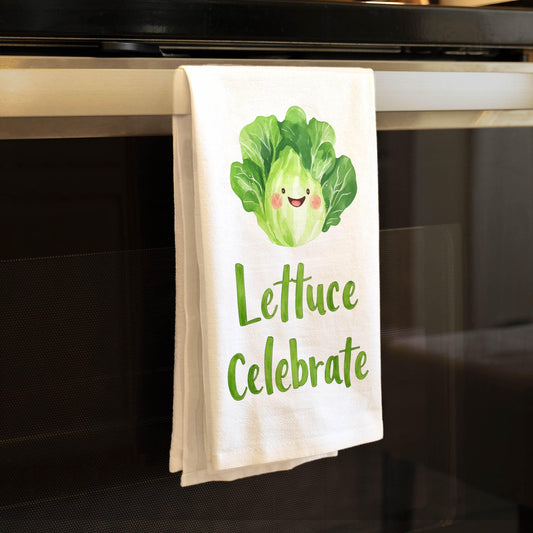 Lettuce Celebrate Kitchen Towel - Funny Food Pun Gift for Salad Lovers & Veggie Fans - Flour Sack Organic Cotton Tea Towel