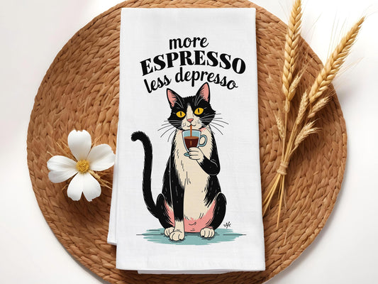 More Espresso Less Depresso, Funny Cat Kitchen Towel, Coffee Lover Gift, Cute Kitchen Decor