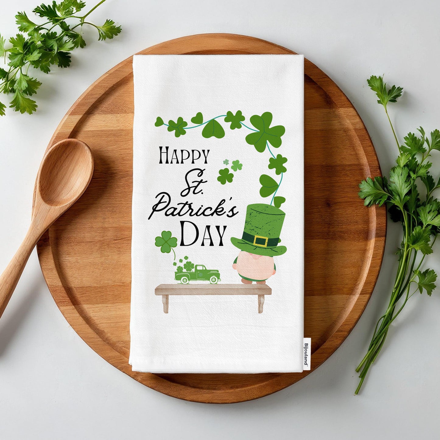 Happy St. Patrick's Day Kitchen Towel, Irish Shamrock Gnome Tea Towel, Festive Holiday Decor - Flour Sack Organic Cotton Tea Towel