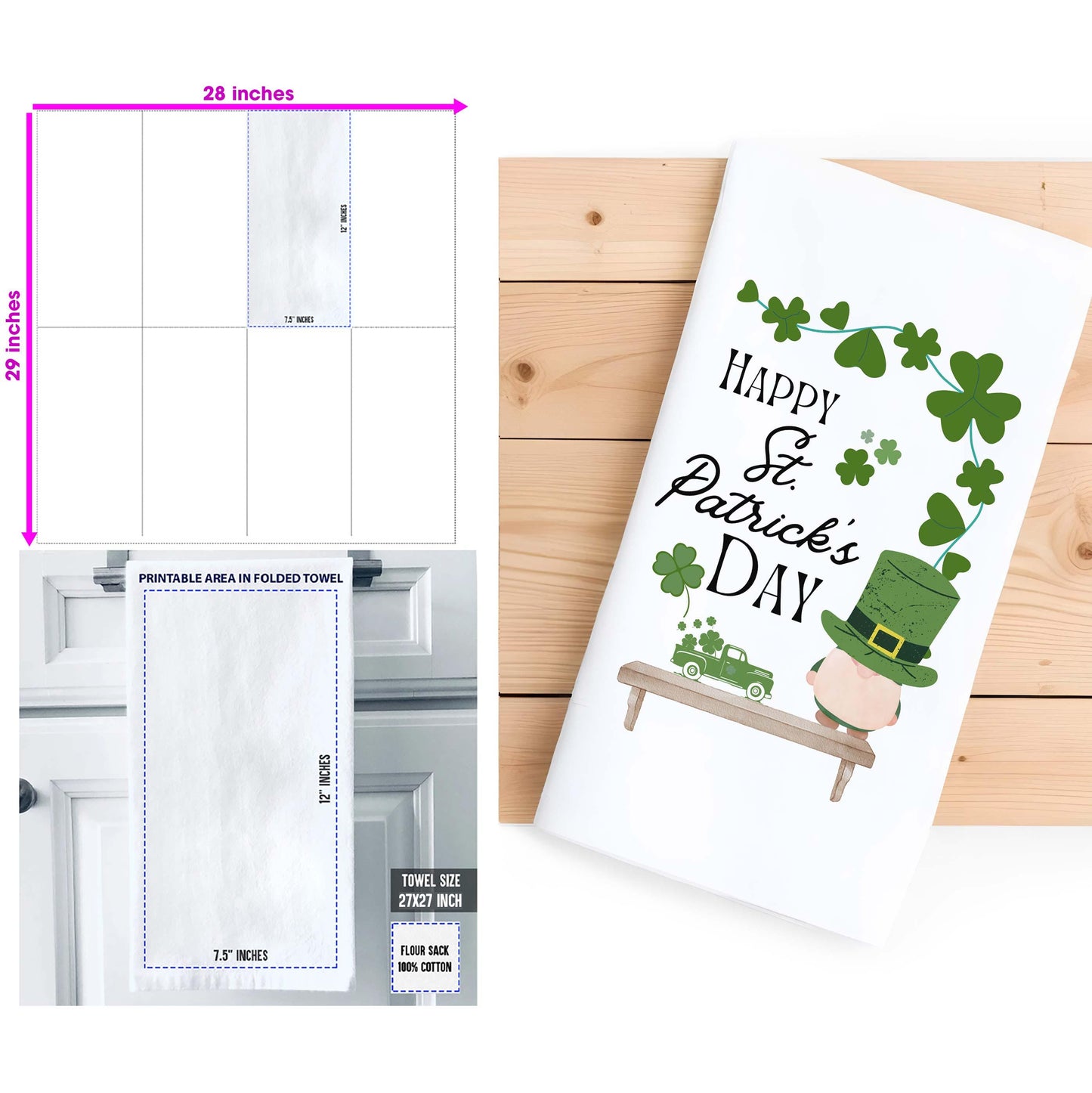 Happy St. Patrick's Day Kitchen Towel, Irish Shamrock Gnome Tea Towel, Festive Holiday Decor - Flour Sack Organic Cotton Tea Towel