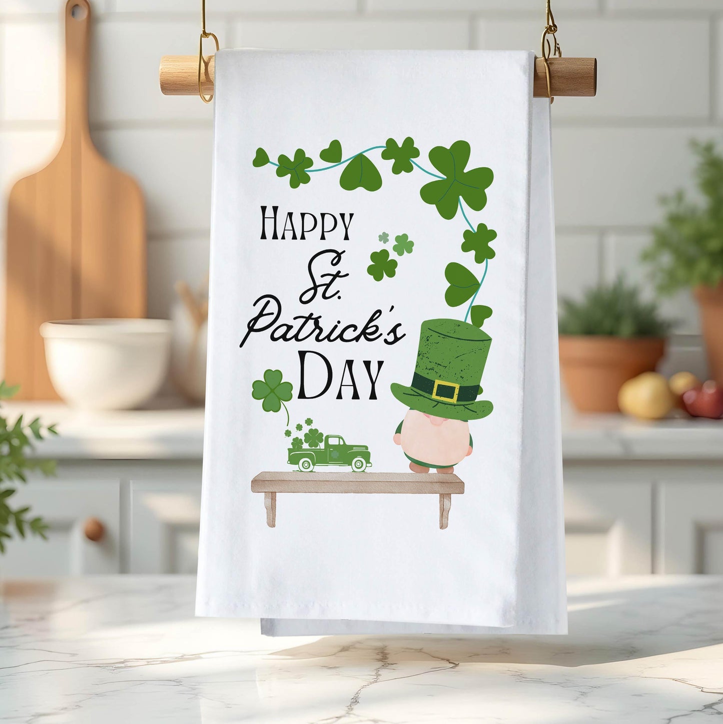 Happy St. Patrick's Day Kitchen Towel, Irish Shamrock Gnome Tea Towel, Festive Holiday Decor - Flour Sack Organic Cotton Tea Towel
