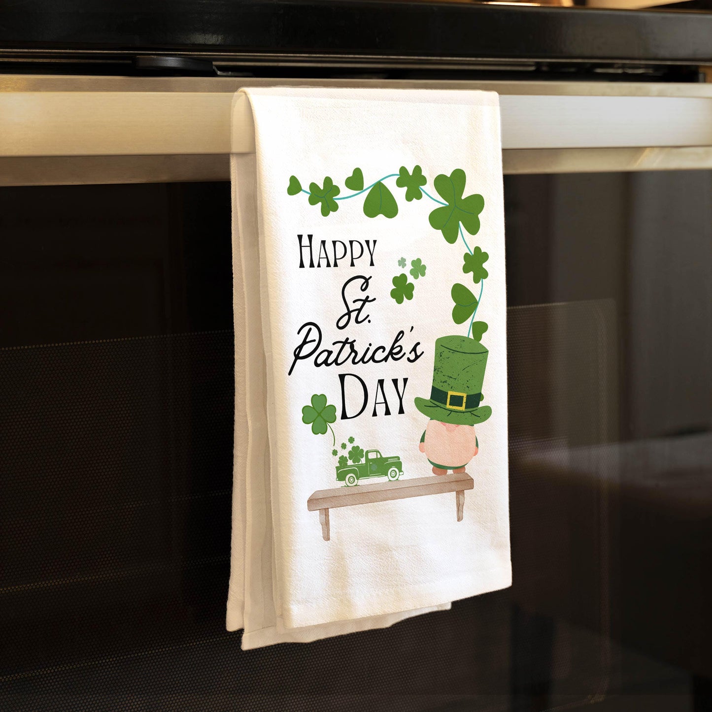Happy St. Patrick's Day Kitchen Towel, Irish Shamrock Gnome Tea Towel, Festive Holiday Decor - Flour Sack Organic Cotton Tea Towel