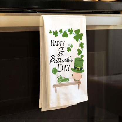 Happy St. Patrick's Day Kitchen Towel, Irish Shamrock Gnome Tea Towel, Festive Holiday Decor - Flour Sack Organic Cotton Tea Towel