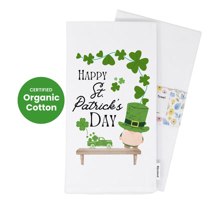 Happy St. Patrick's Day Kitchen Towel, Irish Shamrock Gnome Tea Towel, Festive Holiday Decor - Flour Sack Organic Cotton Tea Towel