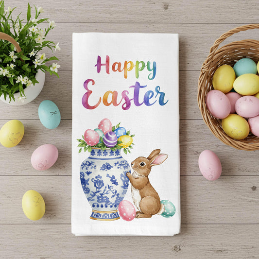 Happy Easter Kitchen Towel - Watercolor Spring Bunny Eggs Tea Towel, Farmhouse Easter Decor - Flour Sack Organic Cotton Tea Towel
