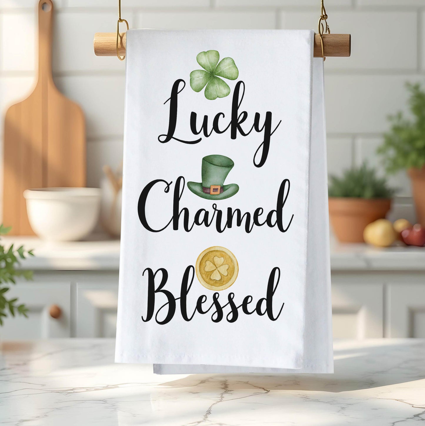St.Patricks Day Tea Towel - Lucky Charmed Blessed Kitchen Towel - Irish Decor, Shamrock Gift - Flour Sack Organic Cotton Tea Towel