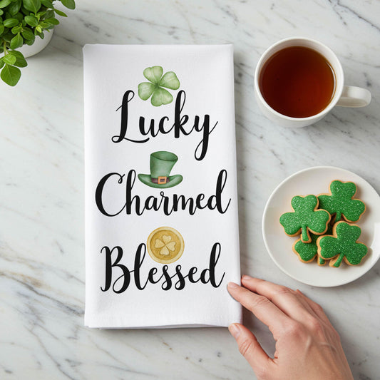 St.Patricks Day Tea Towel - Lucky Charmed Blessed Kitchen Towel - Irish Decor, Shamrock Gift - Flour Sack Organic Cotton Tea Towel