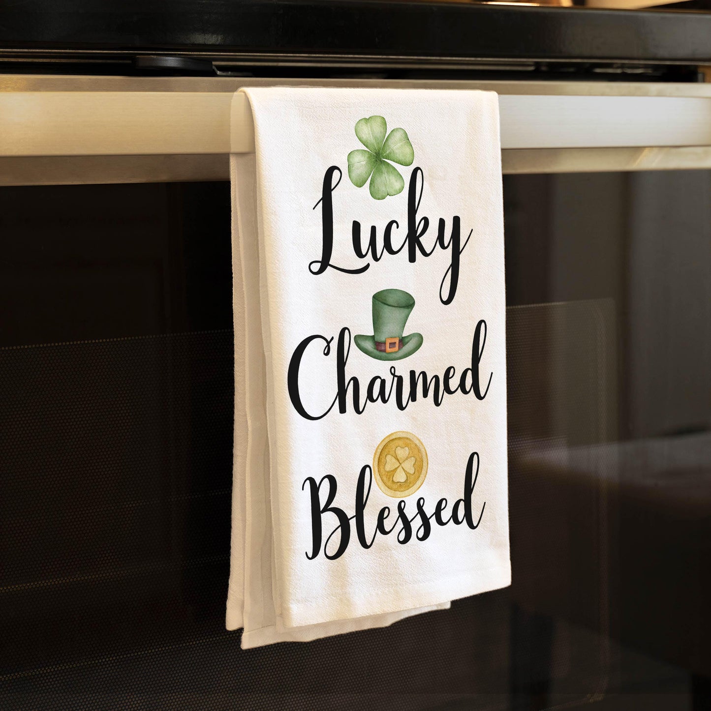 St.Patricks Day Tea Towel - Lucky Charmed Blessed Kitchen Towel - Irish Decor, Shamrock Gift - Flour Sack Organic Cotton Tea Towel