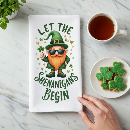 St. Patrick's Day Gnome Tea Towel - Let the Shenanigans Begin Kitchen Towel - Irish Decor Gift - Flour Sack Organic Cotton Tea Towel