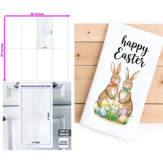 Happy Easter Tea Towel - Vintage Bunny and Easter Eggs, Spring Farmhouse Kitchen Decor, Easter Gift - Flour Sack Organic Cotton Tea Towel