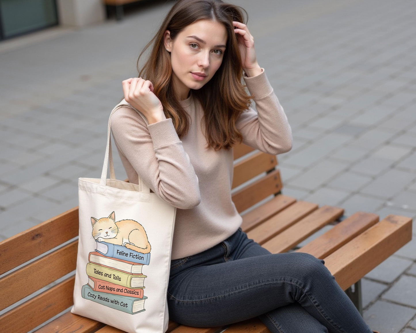 Cat Lover Tote Bag, Eco-Friendly Canvas Bag, Cute Book and Cat Design, Literary Gift
