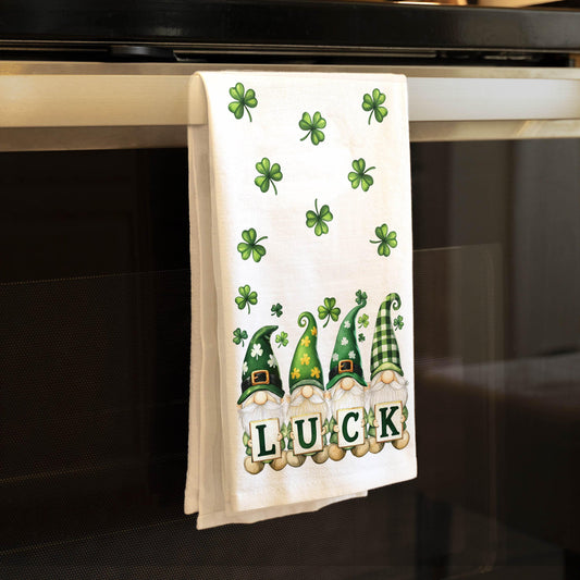 Lucky Gnomes Kitchen Towel - St. Patrick's Day Gift for Irish Decor & Gnome Lovers - Flour Sack Organic Cotton Tea Towel