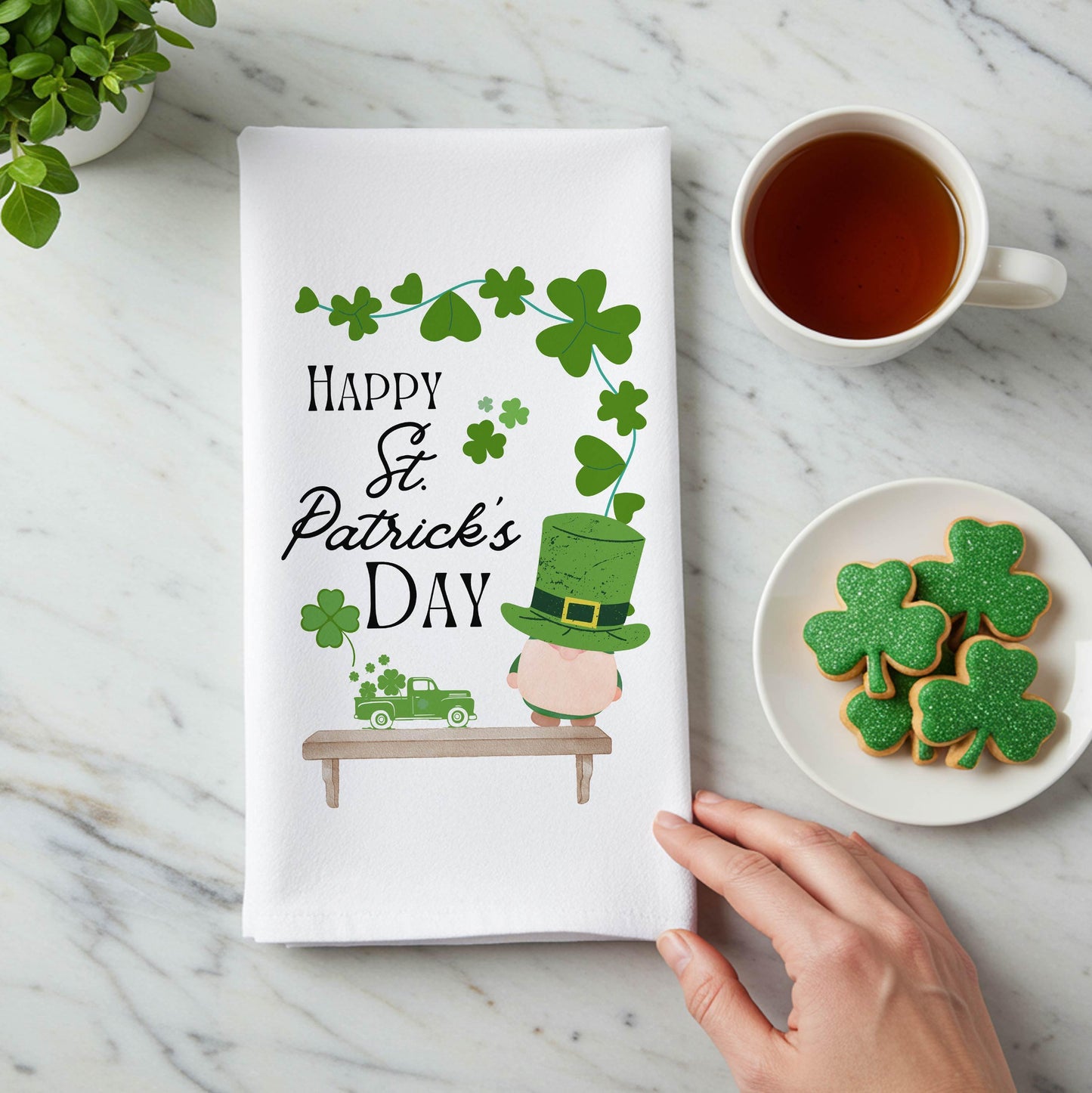 Happy St. Patrick's Day Kitchen Towel, Irish Shamrock Gnome Tea Towel, Festive Holiday Decor - Flour Sack Organic Cotton Tea Towel