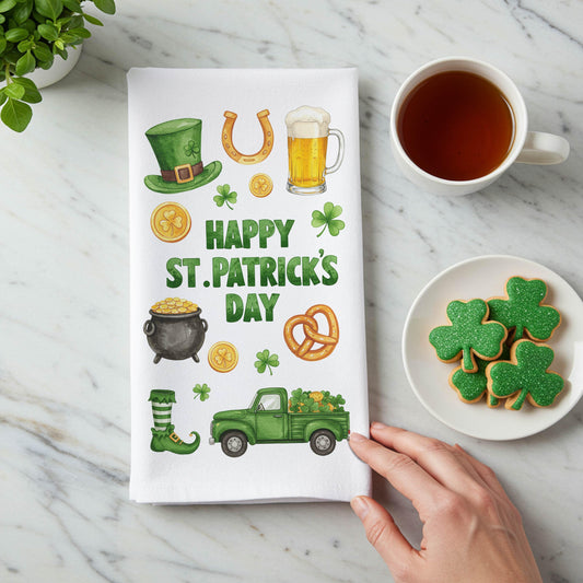 Happy St. Patrick’s Day Kitchen Towel - Lucky Irish Decor, Shamrock Tea Towel - Flour Sack Organic Cotton